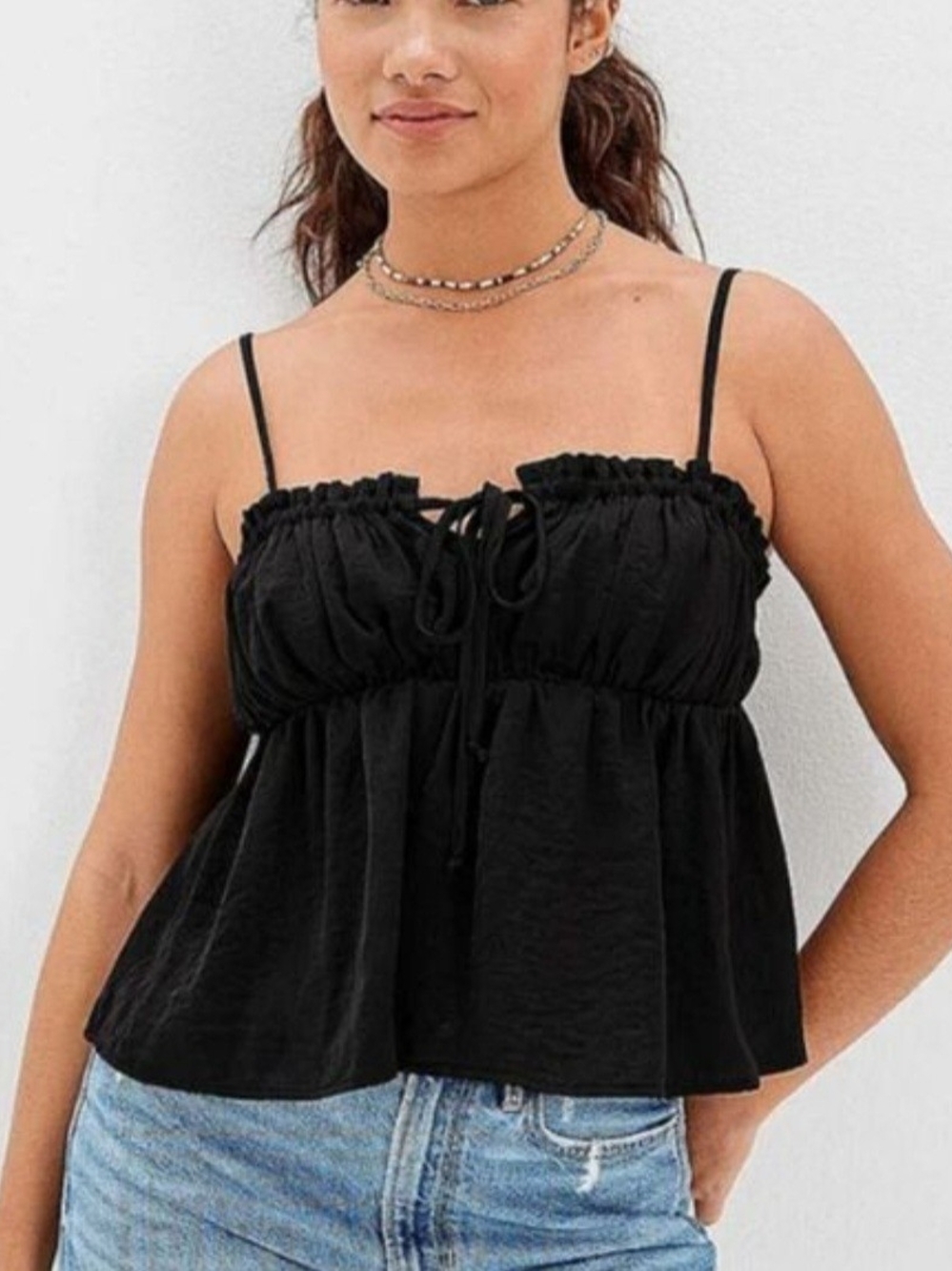 American Eagle Outfitters Black Ruffle Tie-Front Cami